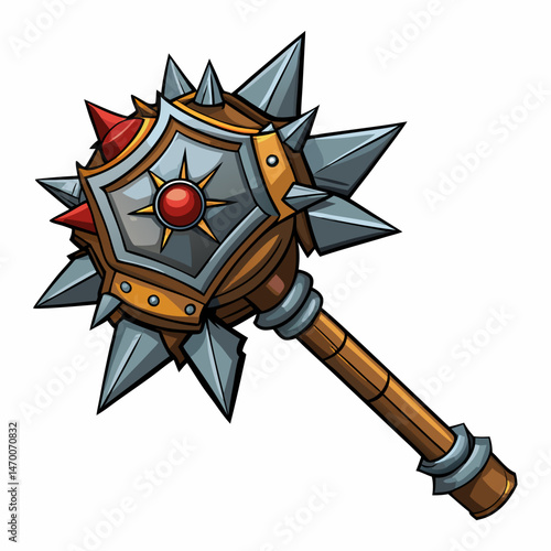A brutal medieval mace with spiked metal head and wooden grip, vector on white