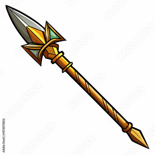 A traditional spear with a sharpened metal tip and wooden shaft, vector on white