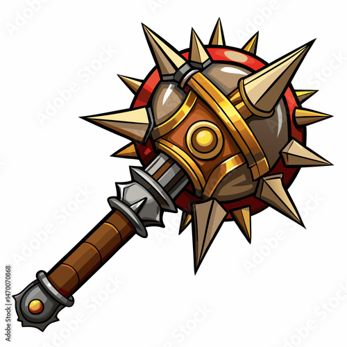 A brutal medieval mace with spiked metal head and wooden grip, vector on white
