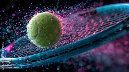 Tennis ball impact, pink and blue burst