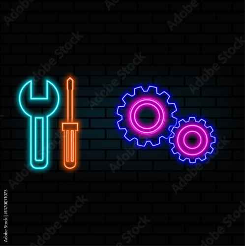 neon style.equipment tool.Gears icon.representing settings or settings frequently used for system adjustments and technical control.