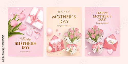 Mother's day poster or banner set with sweet hearts, envelope, bouquet of tulips and gift box on pink background