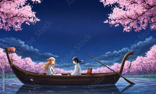 Animated Couple Floating In A Boat Under Cherry Blossom Trees At Night With Calm Water and Pink Blossom