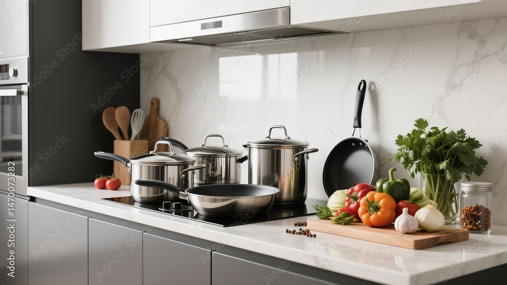 Shiny Stainless Steel Cookware and Fresh Vegetables on a Modern Kitchen Countertop with Marble Backsplash, Creating a Culinary Scene 8K Shiny Stainless Steel Cookware and Fresh Vegetables on a Modern Kitchen Countertop with Marble Backsplash, Creating a Culinary Scene 8K