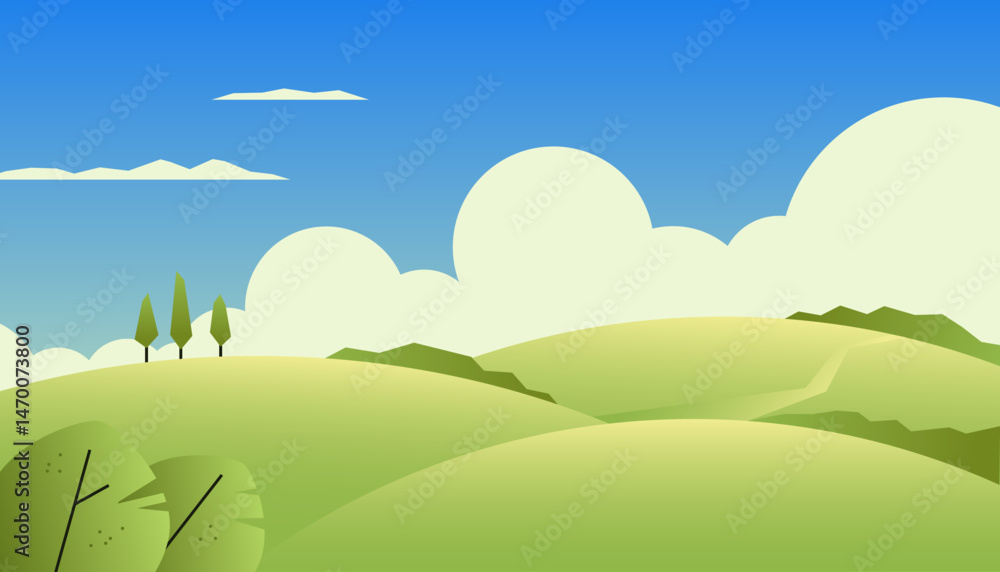 Obraz premium Landscape with green hills. Nature panorama with blue sky and rural countryside scenery, minimal summer meadow background with leaf bushes and trees. Vector cartoon illustration