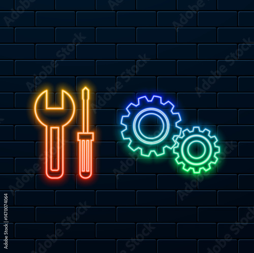 tool equipment. neon style.Gears icon.representing settings or configurations often used for system adjustments and technical control.