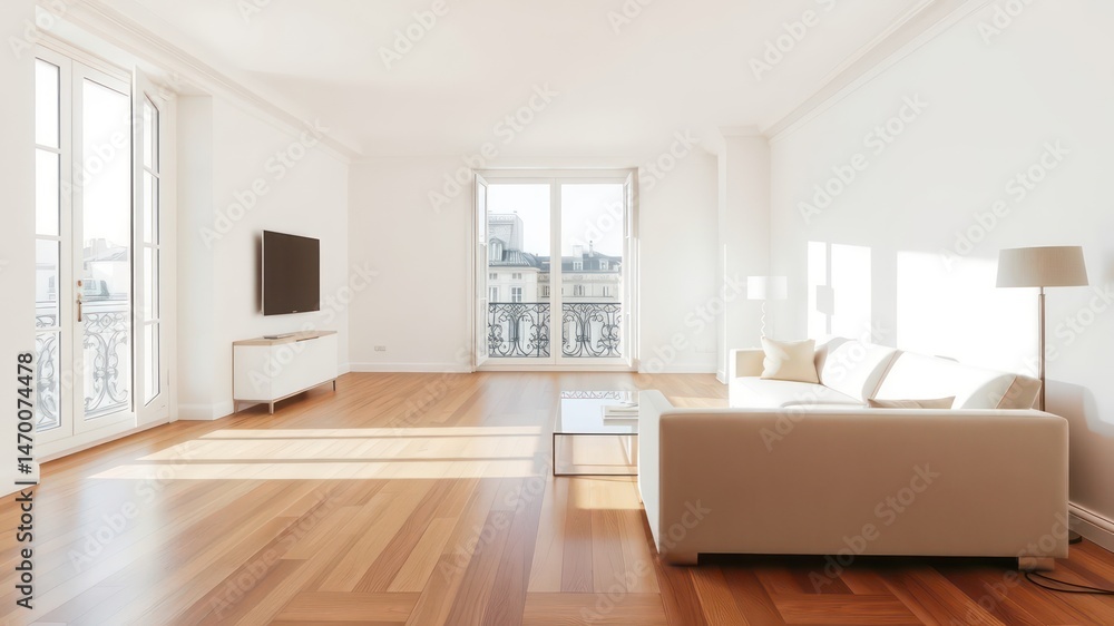 Fototapeta premium Bright, airy living room with hardwood floors, large windows, and modern furniture