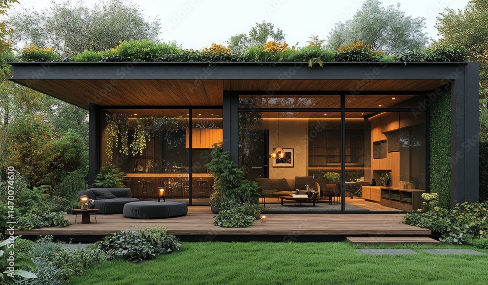 Obraz premium Modern, Eco-Friendly Home in a Lush Garden