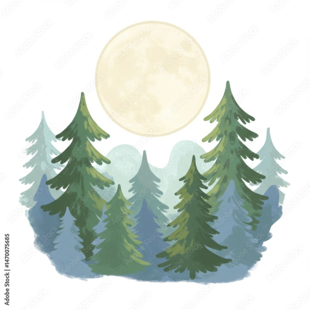 Fototapeta premium Full Moon Over a Forest of Green and Blue Trees
