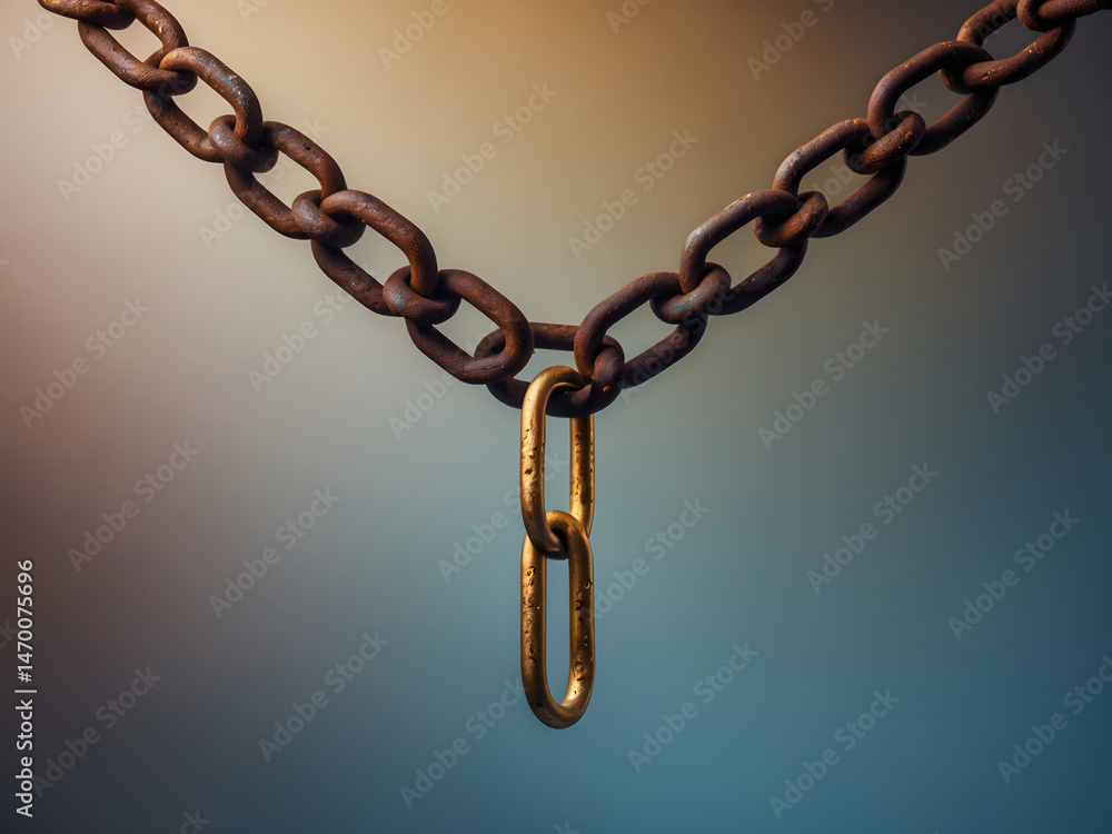 Fototapeta premium Unique Link in Chains: An abstract composition showcases a tarnished iron chain, juxtaposed with a single, striking golden link, symbolizing strength, connection, and individuality.