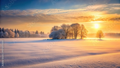 Golden Hour Sunrise Over a Frosty Winter Landscape Featuring Silhouetted Trees and a Snow Covered Field