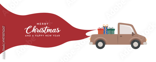 car with christmas gifts and greeting banner isolated vector illustration