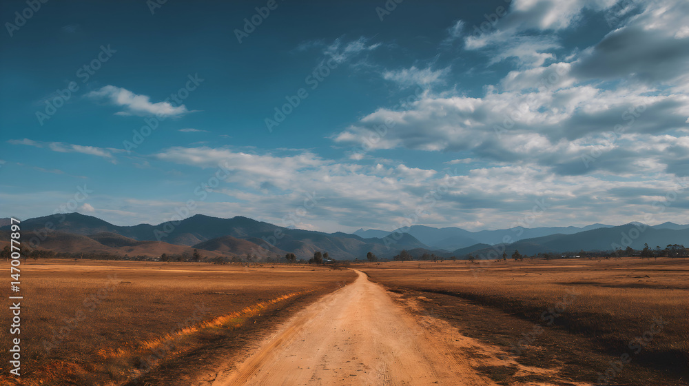 A scenic road leads through vast fields, offering a tranquil escape beneath a bright sky and distant mountains A scenic road leads through vast fields, offering a tranquil escape beneath a bright sky and distant mountains