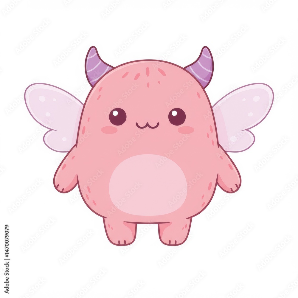 Naklejka premium Cute Pink Monster with Wings and Horns