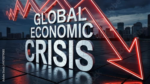Downward pointing red neon arrow symbolizing economic downturn amid urban skyline silhouette.