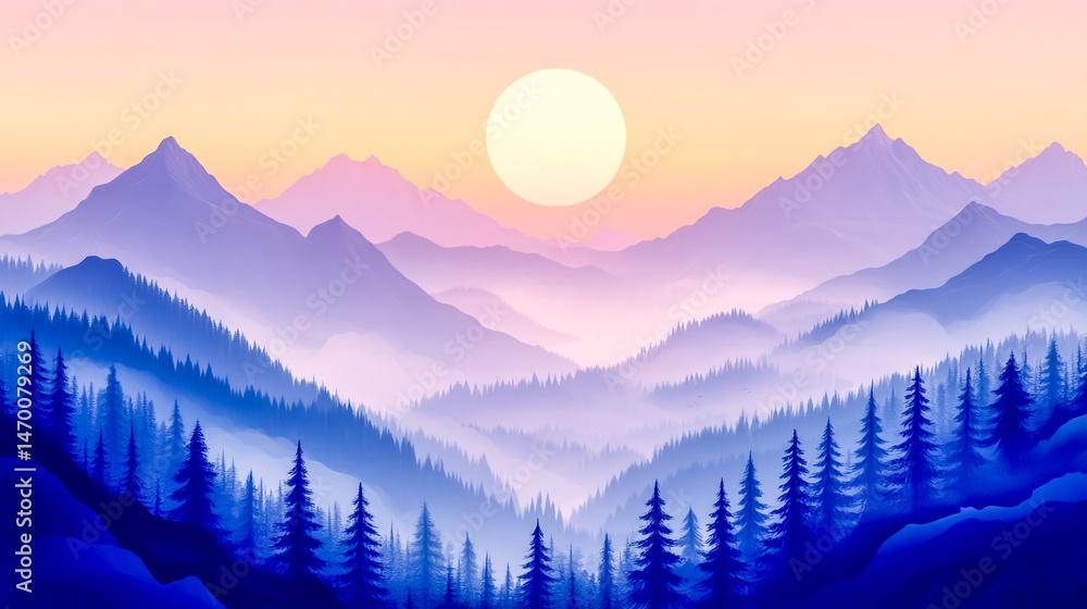 Obraz premium Sunrise over a mountain range with misty valleys