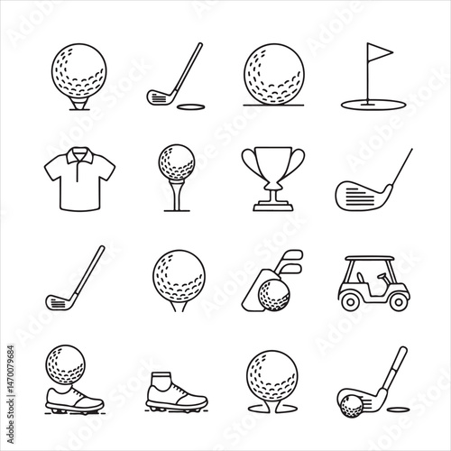 This vector icon set features sport and golf icons, a collection of black symbols including a golf ball and cup illustration, suitable for web design.