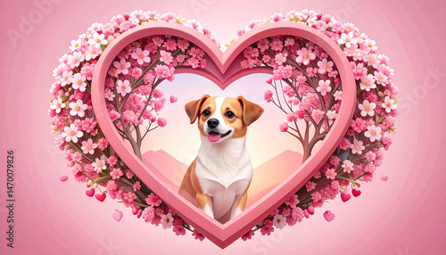 the image features a canine sitting inside a pink heart. the heart is decorated with numerous small, light pink blooms and tiny heart shapes