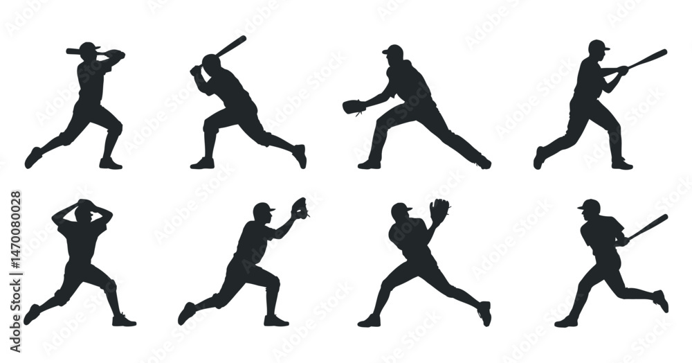 Eight Baseball Player Silhouettes Action Poses Graphics Eight Baseball Player Silhouettes Action Poses Graphics