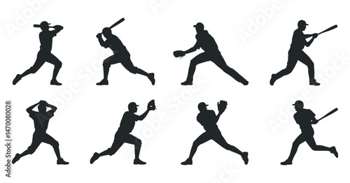 Eight Baseball Player Silhouettes Action Poses Graphics