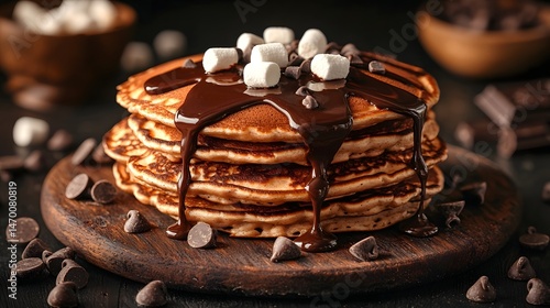 Decadent chocolate drizzled pancake stack