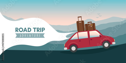 road trip adventure in the wilderness car on mountain landscape vector illustration