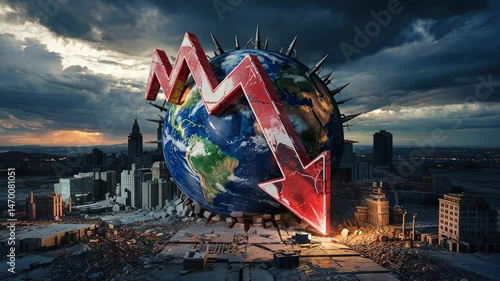 Downward red arrow hovering above damaged global landscape, depicting economic downturn and worldwide financial stress.