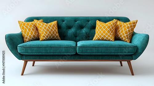 Vibrant Teal Midcentury Modern Sofa on White Background