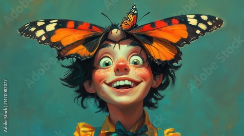 A whimsical cartoon drawing, waist-up of a person with a butterfly perched on their head, their goofy grin and crossed eyes adding charm, vibrant and playful composition