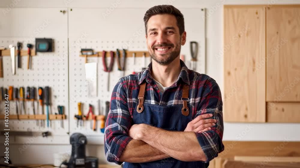 Portrait of smiling carpenter in flannel shirt and work apron, arms crossed, tools hanging on pegboard behind Portrait of smiling carpenter in flannel shirt and work apron, arms crossed, tools hanging on pegboard behind