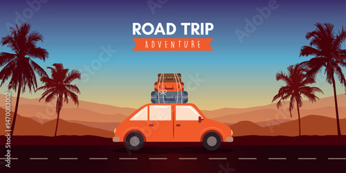 road trip adventure in the wilderness car on tropical landscape vector illustration