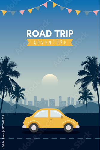 road trip adventure in the wilderness car on tropical landscape vector illustration