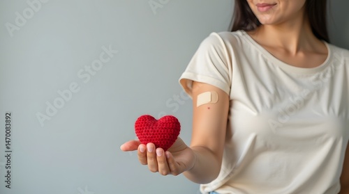 Symbolic Blood Donation – Woman Holding Red Crocheted Heart with Bandaged Arm