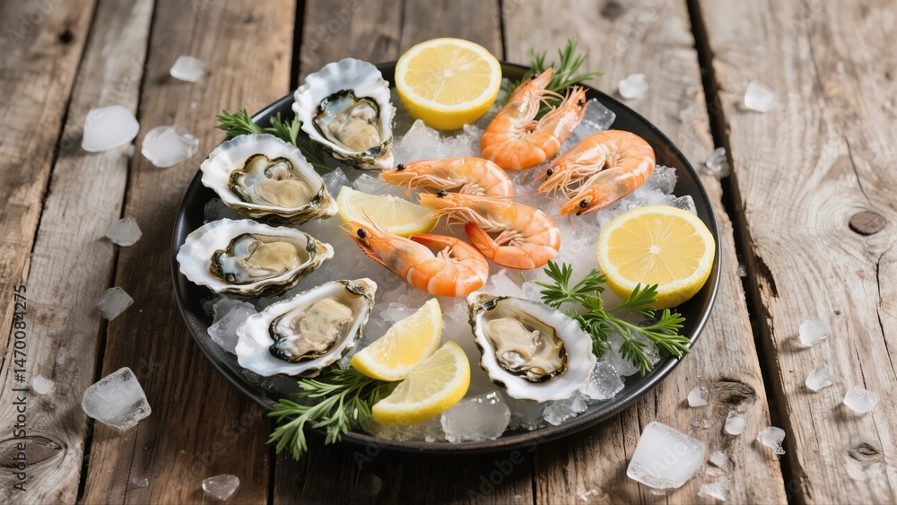 Exquisite platter of fresh oysters and succulent shrimp on ice, garnished with vibrant lemon slices and sprigs of rosemary, a seafood delicacy served on a rustic wooden table 8K Exquisite platter of fresh oysters and succulent shrimp on ice, garnished with vibrant lemon slices and sprigs of rosemary, a seafood delicacy served on a rustic wooden table 8K