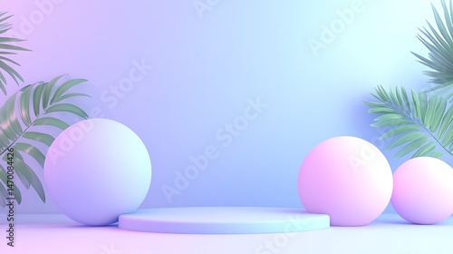 Pastel spheres with platform, and palm leaves.