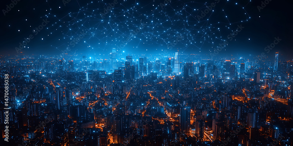 Fototapeta premium Connected cityscape at night with futuristic network of technology nodes overlaying skyscrapers representing global communication and data exchange for modern urban infrastructure 