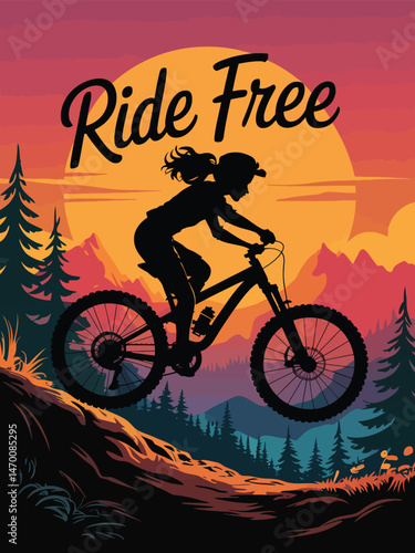 Woman Mountain Biking Uphill at Sunset Vector Art