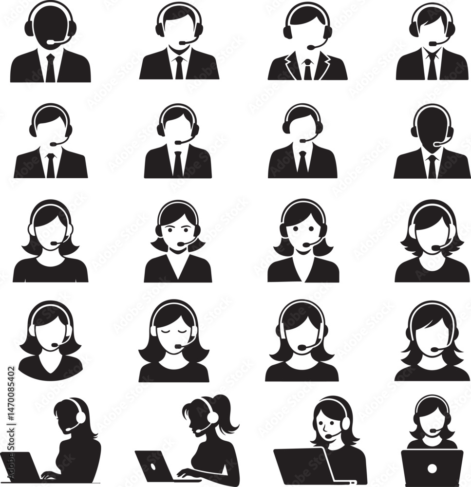Call center and customer service support icons set with male and female operators using headsets Call center and customer service support icons set with male and female operators using headsets