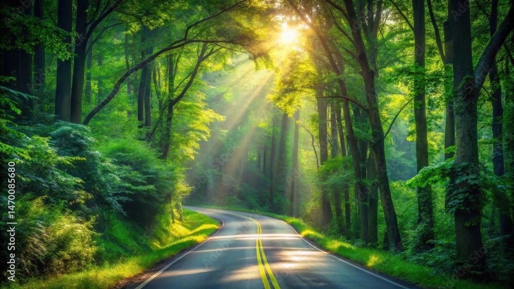 Obraz premium Sunlit Pathway Through Lush Forest Canopy, Winding Road Beckoning Towards Serene Destination
