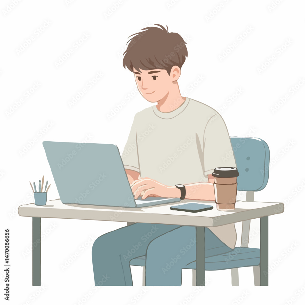 Male intern working at desk with laptop Male intern working at desk with laptop