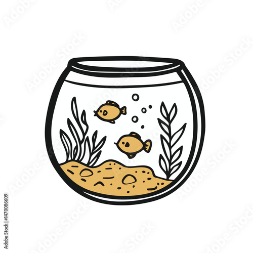 Cartoon Fish In A Bowl With Underwater Plants And Sand Decoration Cute Pet Illustration