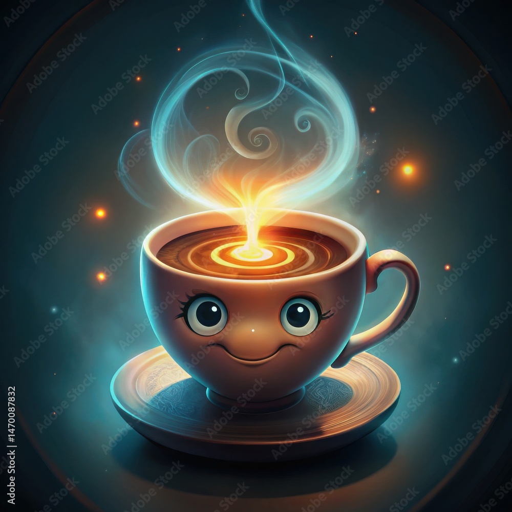 Cute coffee cup with smiling face releasing magical steam Cute coffee cup with smiling face releasing magical steam