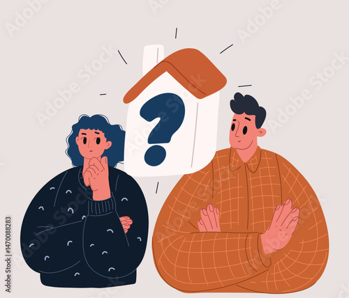 Cartoon vector illustration of a man and woman thinking about a house with a question mark, symbolizing uncertainty, decision-making, and housing dilemma