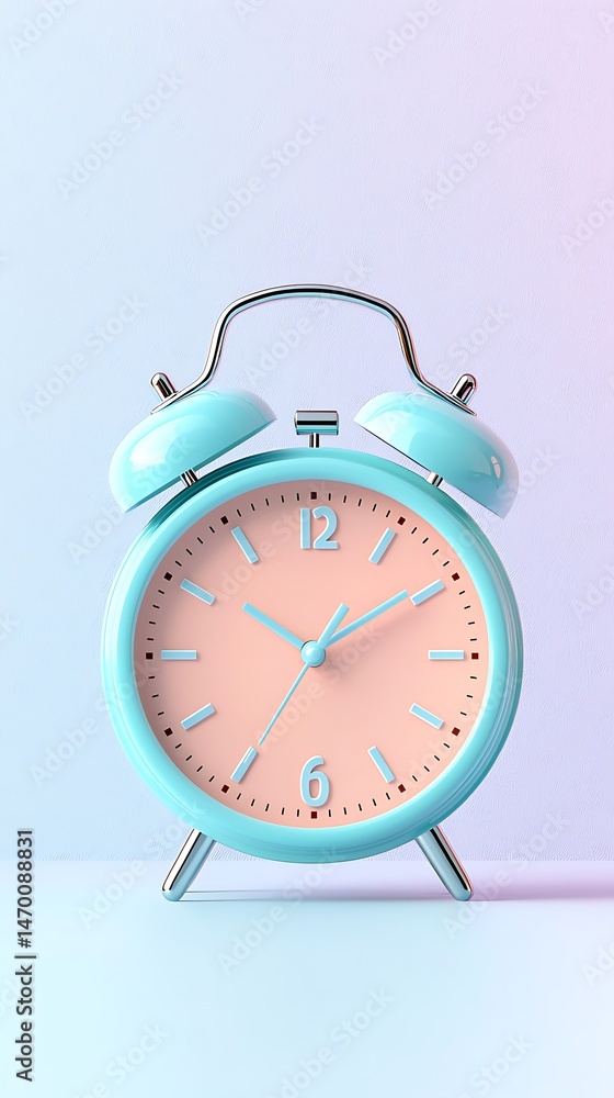 Pastel Blue Alarm Clock with Pink Face on Light Blue Background Pastel Blue Alarm Clock with Pink Face on Light Blue Background