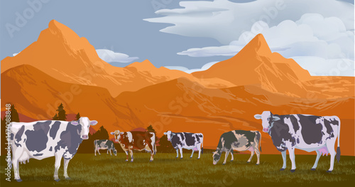 Livestock farm with cow, cattle on farming land view background vector illustration. Agricultural and harvest theme design.