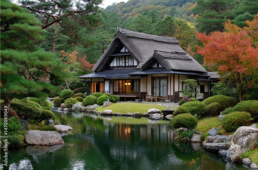 A traditional Japanese tea house nestled in the middle of an ancient garden, surrounded by lush greenery and delicate bonsai trees A traditional Japanese tea house nestled in the middle of an ancient garden, surrounded by lush greenery and delicate bonsai trees