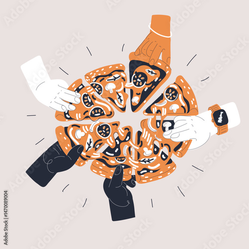 Cartoon vector illustration of hands reaching for slices of pizza, representing cravings, indulgence, and sharing food