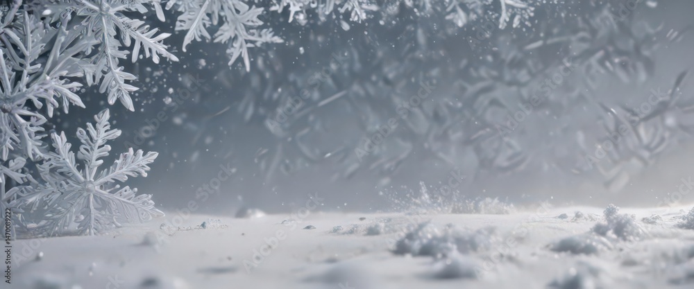Obraz premium Elegant snowflake border; large & small flakes on snowy backdrop, intricate, elegant