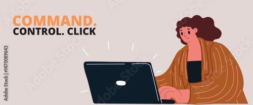 Cartoon vector illustration of a woman working on a laptop, focused and productive in a modern workspace