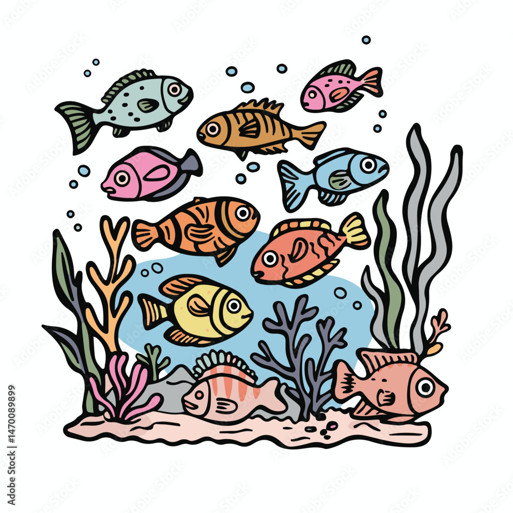 Obraz premium Colorful Cartoon Fish Illustration With Seaweed And Bubbles Underwater Hand Drawn Style For Children